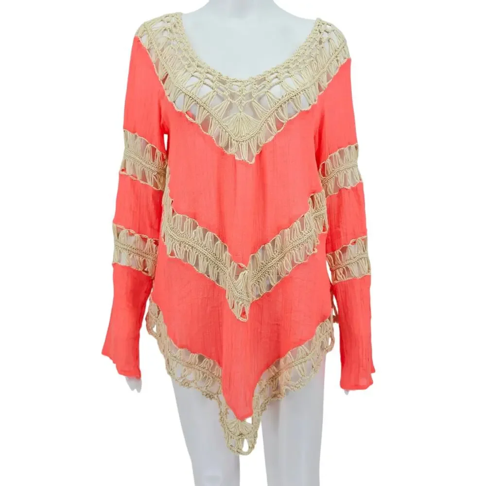 Umgee Boho Crochet Swim Covet Top Coral L